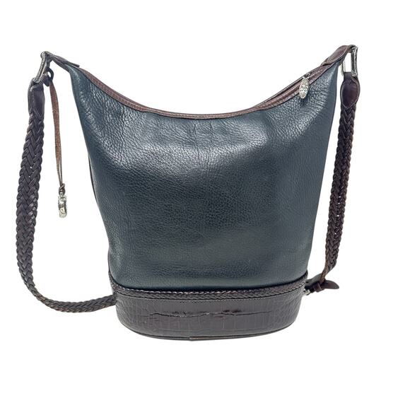 Brighton Bucket Bag Vintage Large Crossbody Pebbled Leather Black Brown‎ - Picture 5 of 11